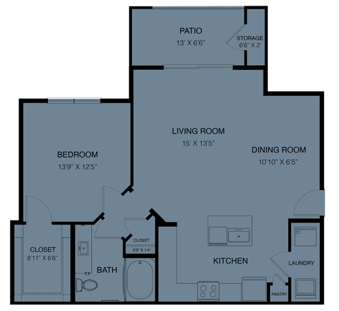 Floor plan for 1 bed, 1 bath, 910 sqft