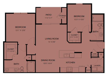 Floor plan for 2 beds, 2 baths, 1200 sqft