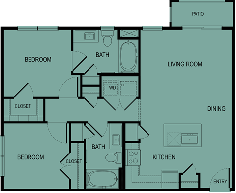 Floor plan for 2 beds, 2 baths, 900 sqft