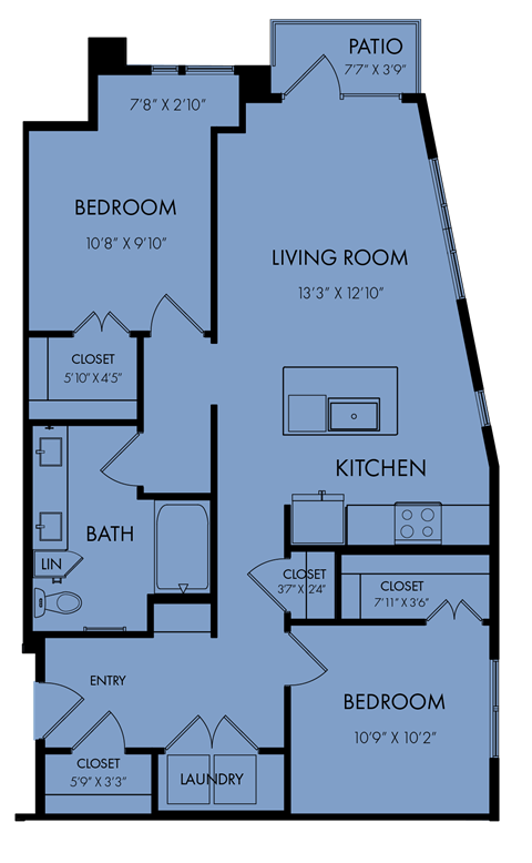 Floor plan for 2 beds, 1 bath, 966 sqft
