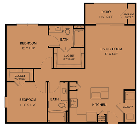 Floor plan for 2 beds, 2 baths, 1050 sqft