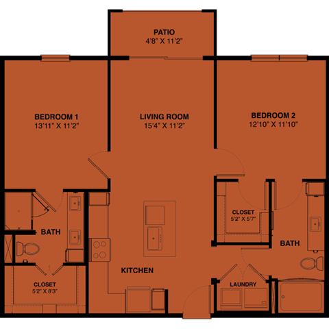 Floor plan for 2 beds, 2 baths, 1011 sqft