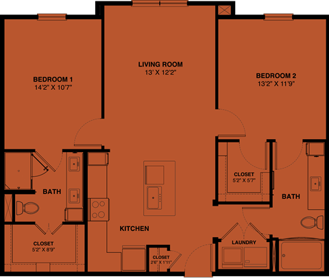 Floor plan for 2 beds, 2 baths, 1057 sqft
