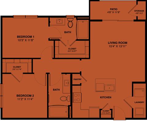 Floor plan for 2 beds, 2 baths, 976 sqft