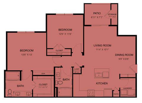 Floor plan for 2 beds, 2 baths, 1180 sqft