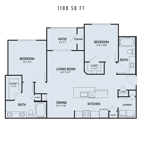 Floor plan for 2 beds, 2 baths, 1100 sqft