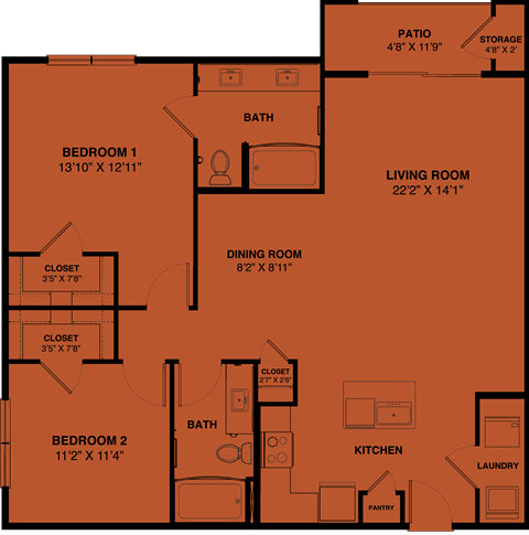 Floor plan for 2 beds, 2 baths, 1228 sqft