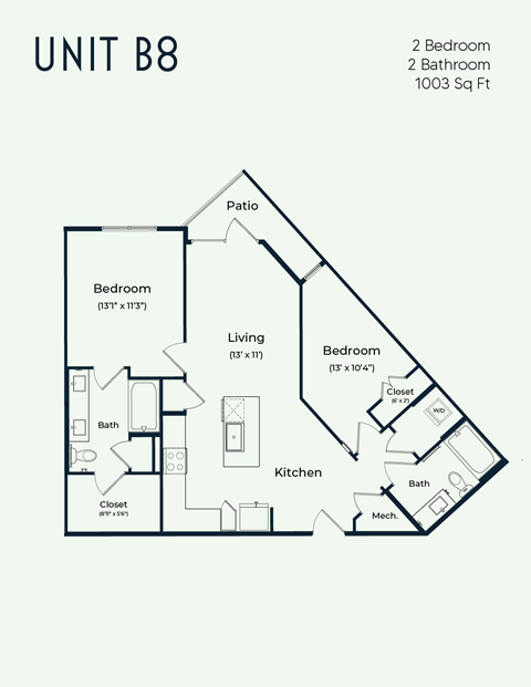 Floor plan for 2 beds, 2 baths, 1003 sqft