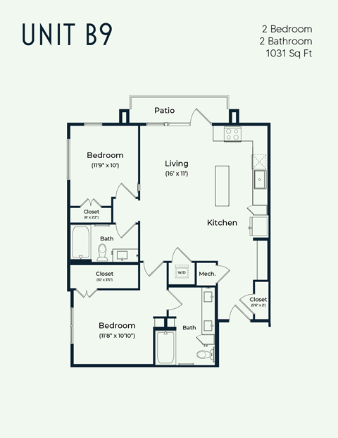Floor plan for 2 beds, 2 baths, 1031 sqft