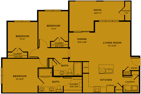 Floor plan for 3 beds, 2 baths, 1321 sqft