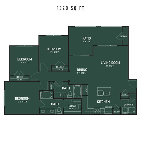 Floor plan for 3 beds, 2 baths, 1320 sqft