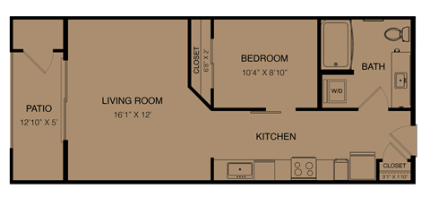Floor plan for studio, 1 bath, 590 sqft