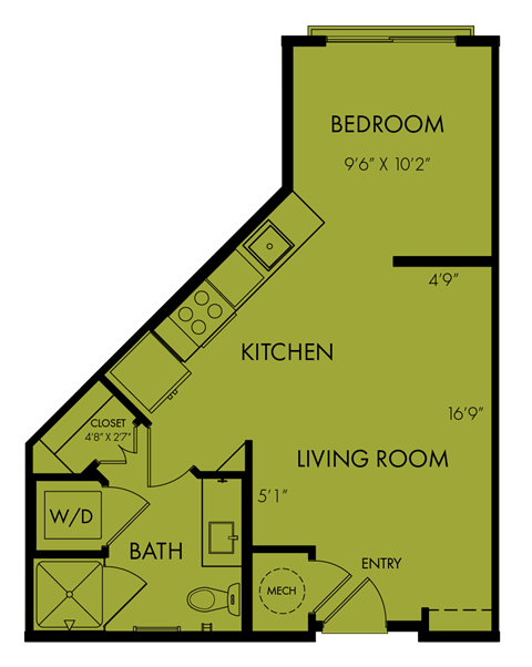 Floor plan for studio, 1 bath, 500 sqft