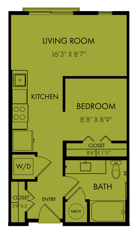 Floor plan for studio, 1 bath, 536 sqft