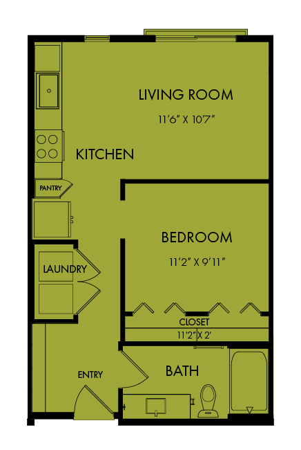 Floor plan for studio, 1 bath, 598 sqft