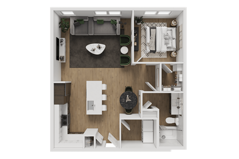 Floor plan for 1 bed, 1 bath, 970 sqft