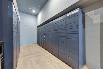 Package locker room with secure storage compartments 1