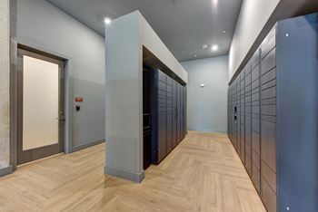 Mail room with parcel lockers and wood flooring