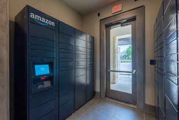 A row of lockers with an amazon sign on the door
