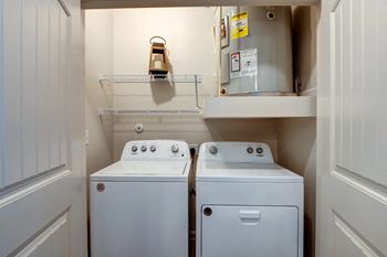 A small laundry room with two washing machines.