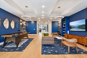 Austin apartment for rent - Clubhouse lobby with blue accent walls at Bridge at Windsor Park Apartments, Texas