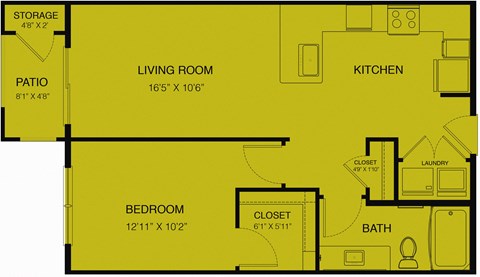 Floor plan for 1 bed, 1 bath, 695 sqft