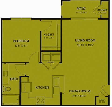 Floor plan for 1 bed, 1 bath, 810 sqft
