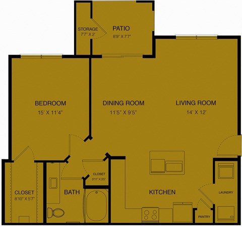 Floor plan for 1 bed, 1 bath, 900 sqft
