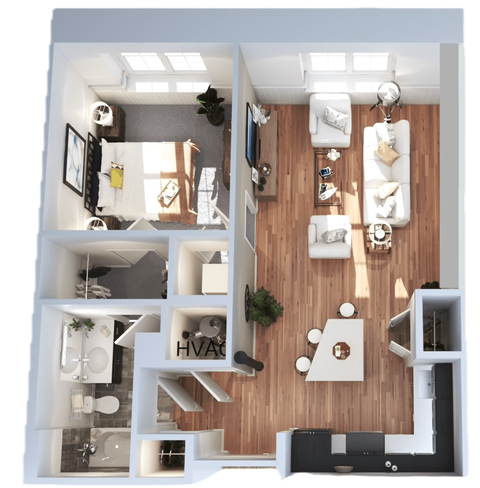 Floor plan for 1 bed, 1 bath, 600 sqft