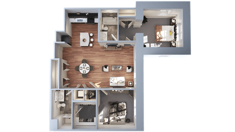 Floor plan for 2 beds, 2 baths, 1020 sqft