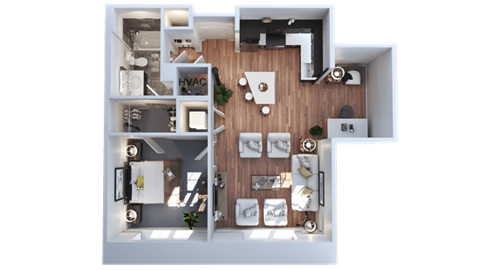 Floor plan for 1 bed, 1 bath, 760 sqft