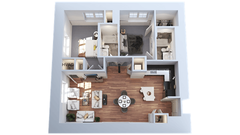 Floor plan for 2 beds, 2 baths, 1050 sqft