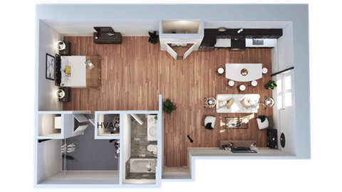 Floor plan for 1 bed, 1 bath, 927 sqft