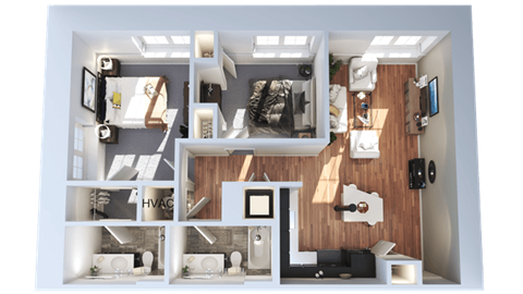 Floor plan for 2 beds, 2 baths, 970 sqft
