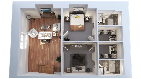 Floor plan for 2 beds, 2.5 baths, 980 sqft