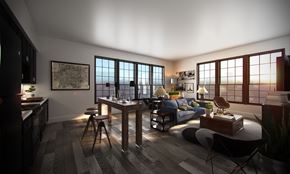 Baltimore apartment for rent - A modern living room with a kitchen area and a dining table.