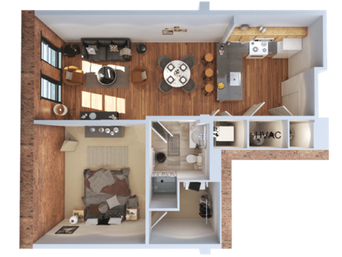 Floor plan for 1 bed, 1 bath, 664 sqft