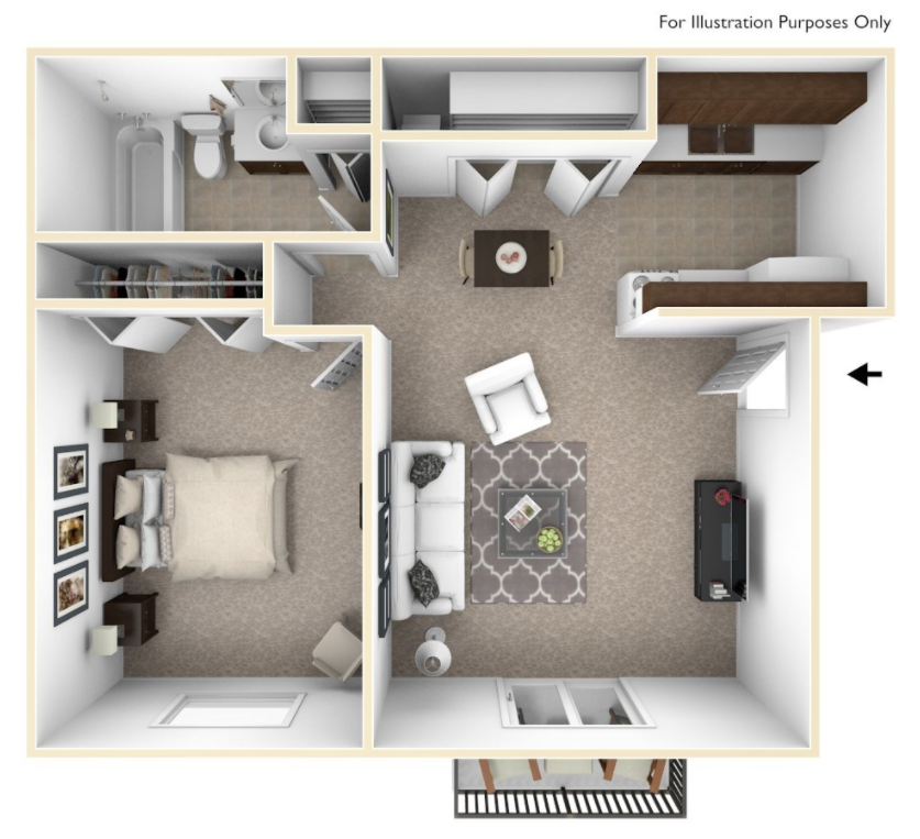 Floor plan for 1 bed, 1 bath, 550 sqft