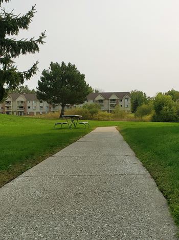 A sidewalk leading to a park with houses in the background
