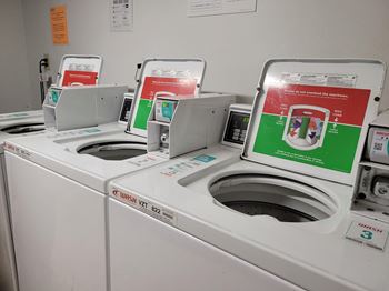 A row of washing machines with their lids open