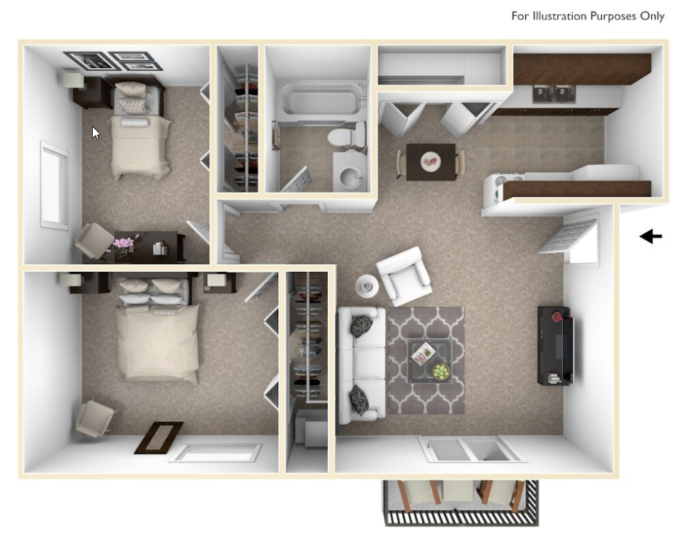 Floor plan for 2 beds, 1 bath, 679 sqft