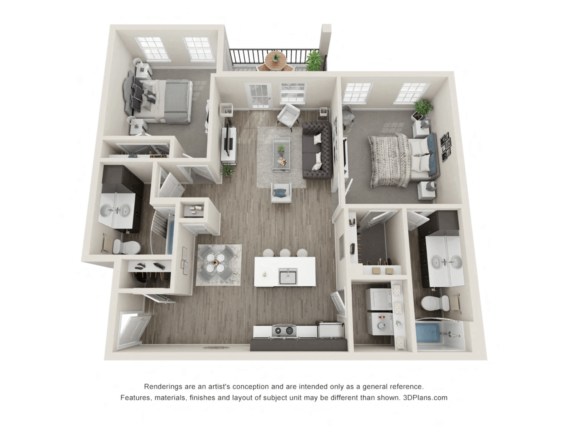 Floor plan for 2 beds, 2 baths, 1131 sqft