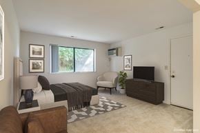 Lake Orion apartment for rent - A living room with a brown couch, a bed, a chair, a television, and a potted plant.