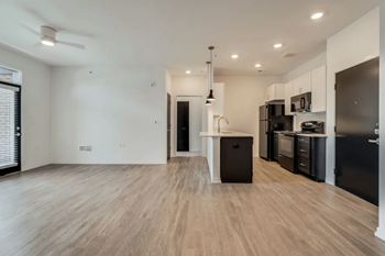 A kitchen and living room in a bedroom plus den unit