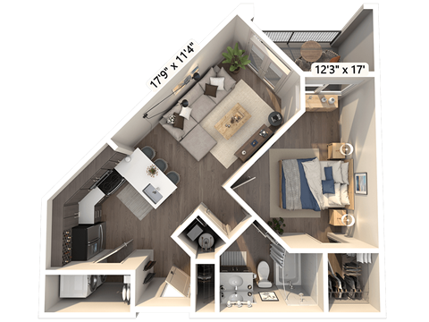 Floor plan for 1 bed, 1 bath, 729 sqft