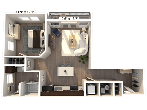 Floor plan for 1 bed, 1 bath, 692 sqft
