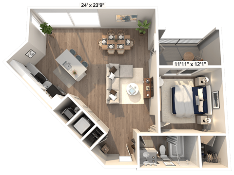 Floor plan for 1 bed, 1 bath, 895 sqft