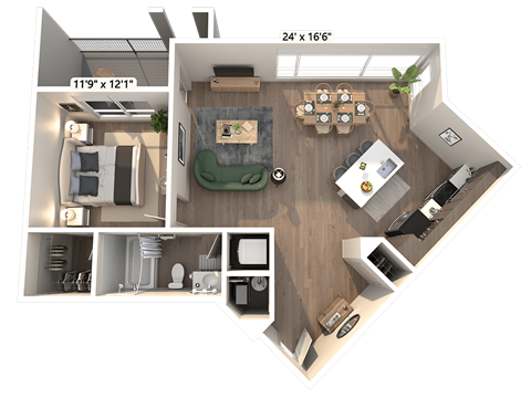 Floor plan for 1 bed, 1 bath, 881 sqft