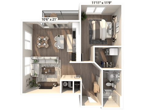 Floor plan for 1 bed, 1 bath, 734 sqft