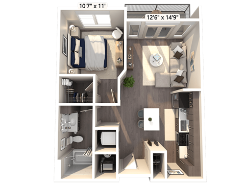 Floor plan for 1 bed, 1 bath, 654 sqft